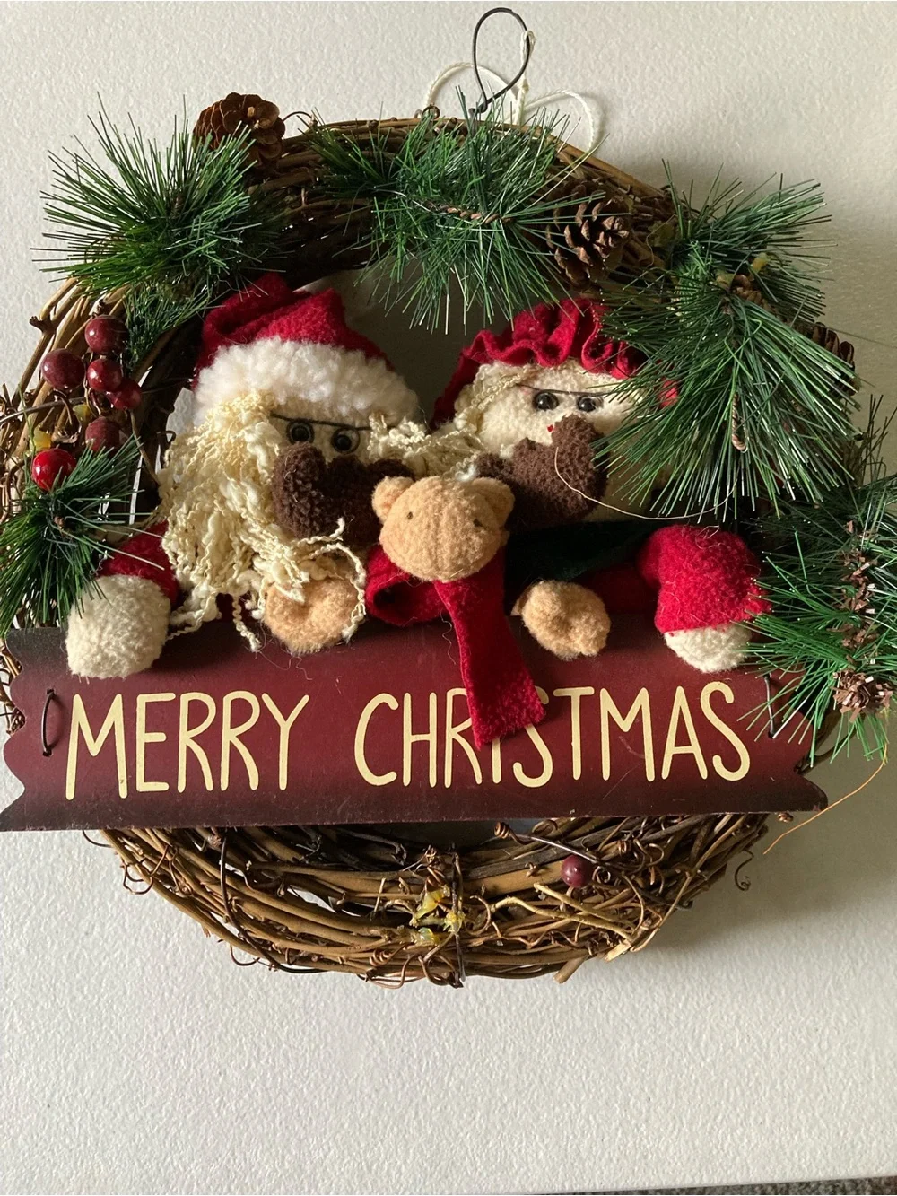 Christmas Twig Wreath Santa Reindeer Merry Christmas Sign 13” Diameter
